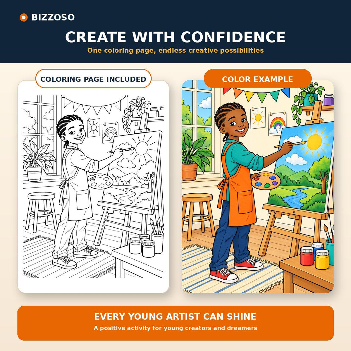 Young artist coloring page shown as black and white outline and a full-color example