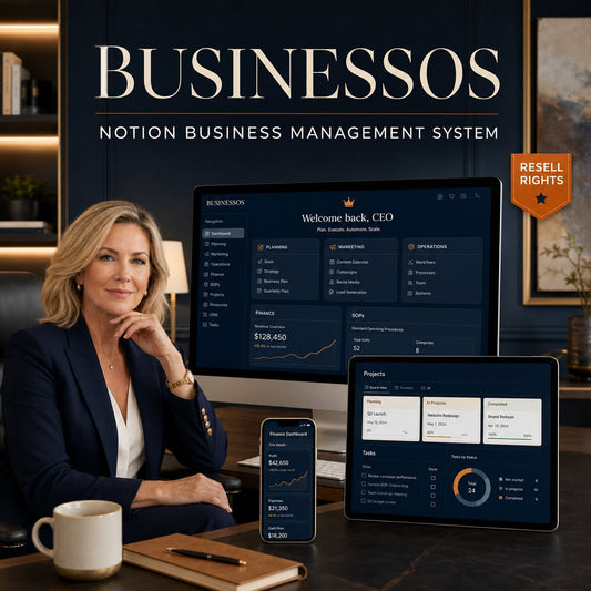 BusinessOS Notion business system with white female entrepreneur – resell rights