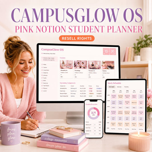 CampusGlow OS pink Notion student planner with white female student – resell rights