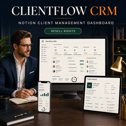 ClientFlow CRM Notion dashboard with white male professional – resell rights