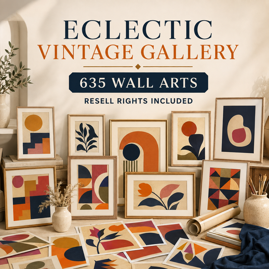 Eclectic Vintage Gallery wall art collection overview with resell rights included