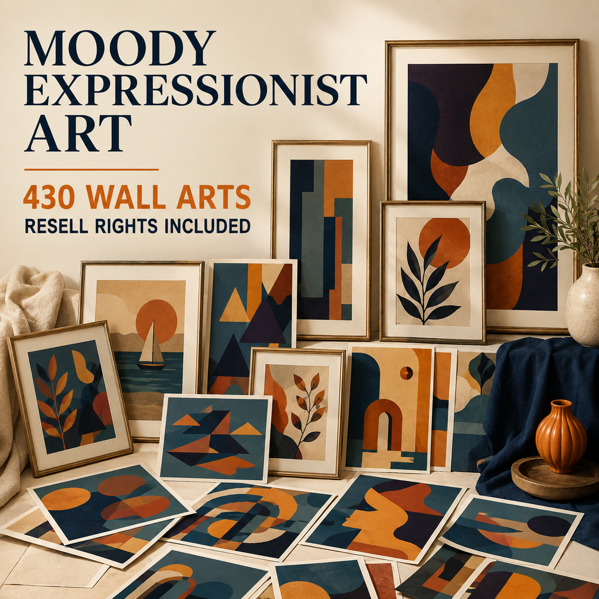 Moody Expressionist Art wall art collection overview with resell rights included