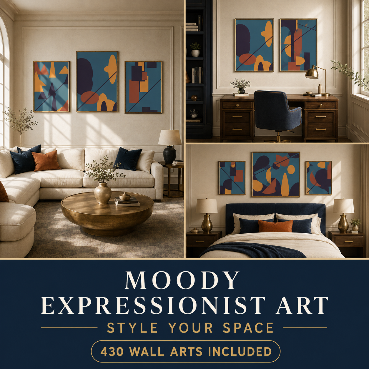 Moody Expressionist Art wall art styled in living room office and bedroom