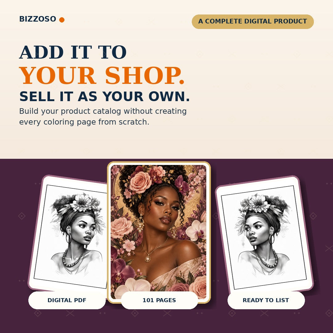 Black Women Floral Beauty Coloring Book, a ready-to-sell digital product for your online shop