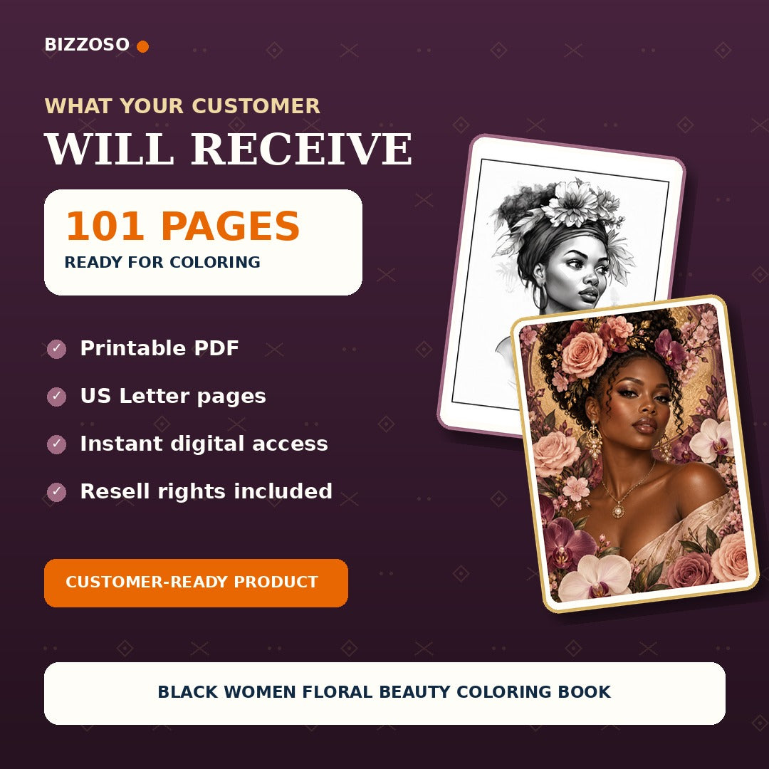 What customers receive inside Black Women Floral Beauty Coloring Book, printable pages and resell rights included