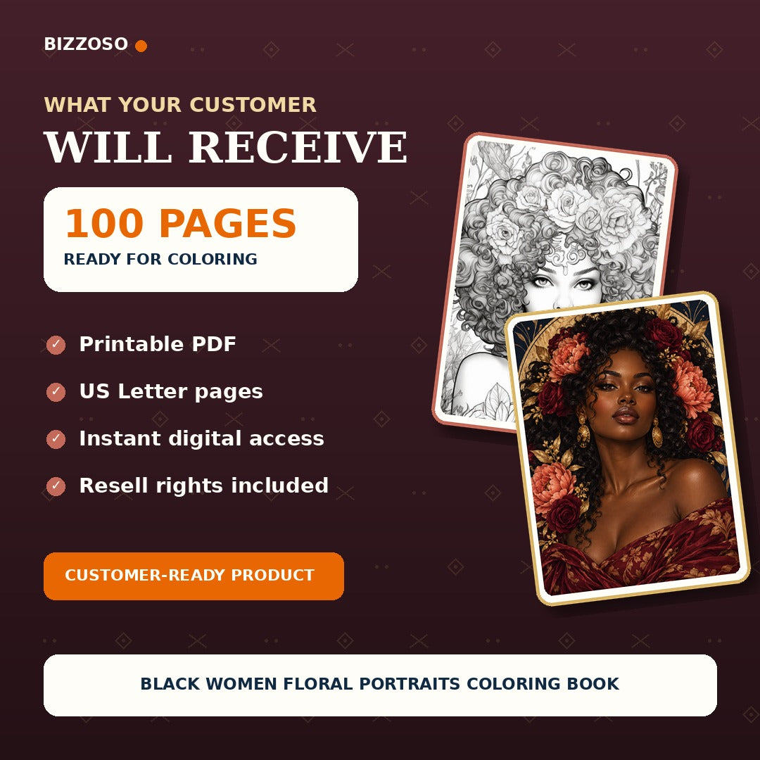 What customers receive inside Black Women Floral Portraits Coloring Book, printable pages and resell rights included