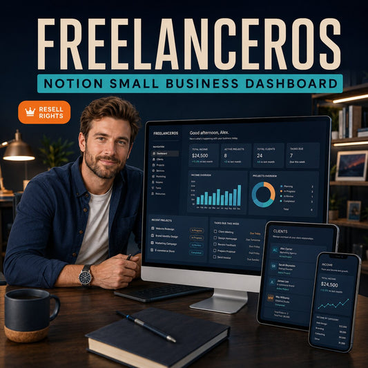 FreelancerOS Notion business dashboard with white male freelancer – resell rights