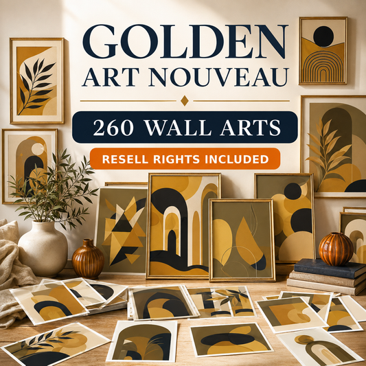 Golden Art Nouveau wall art collection overview with resell rights included