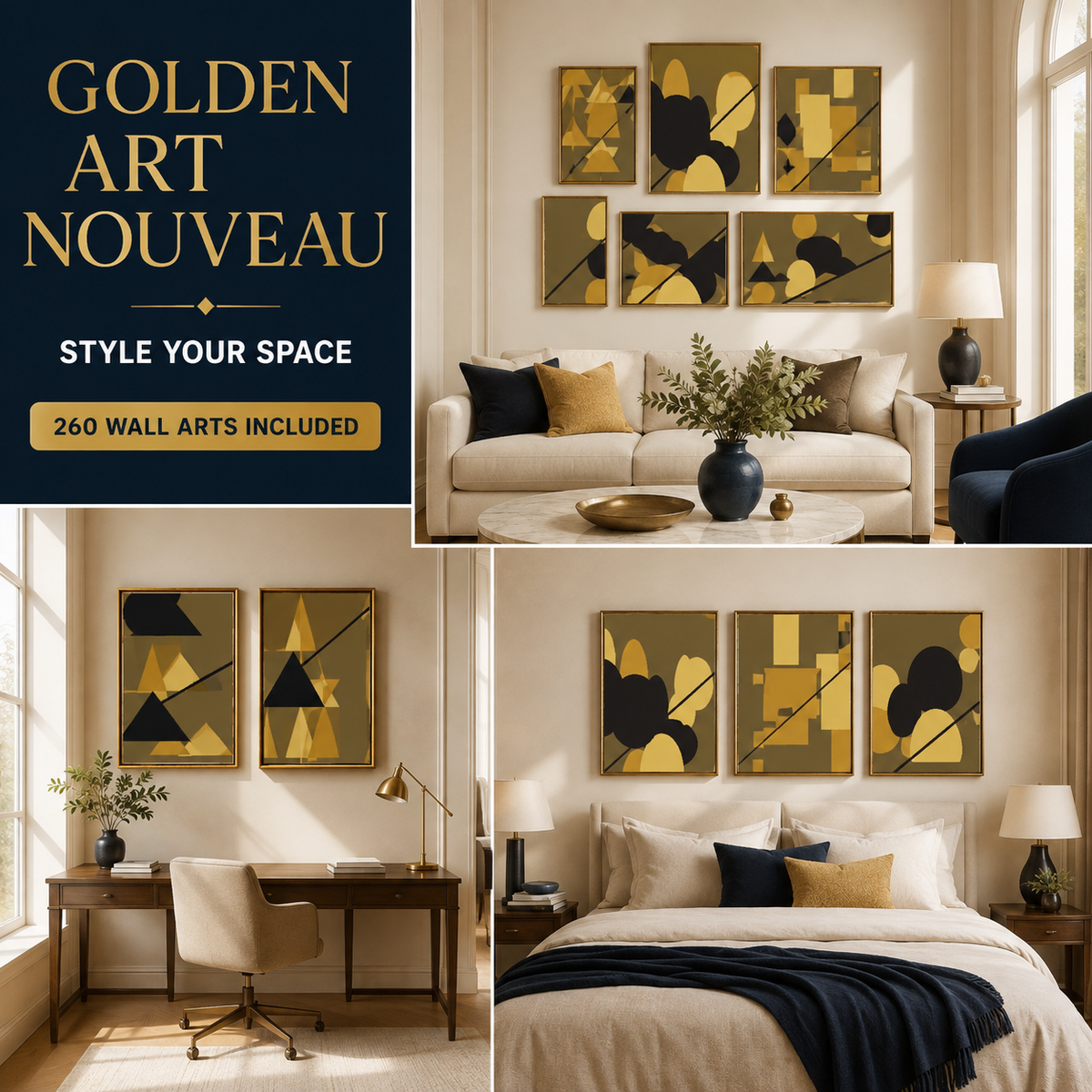 Golden Art Nouveau wall art styled in living room office and bedroom