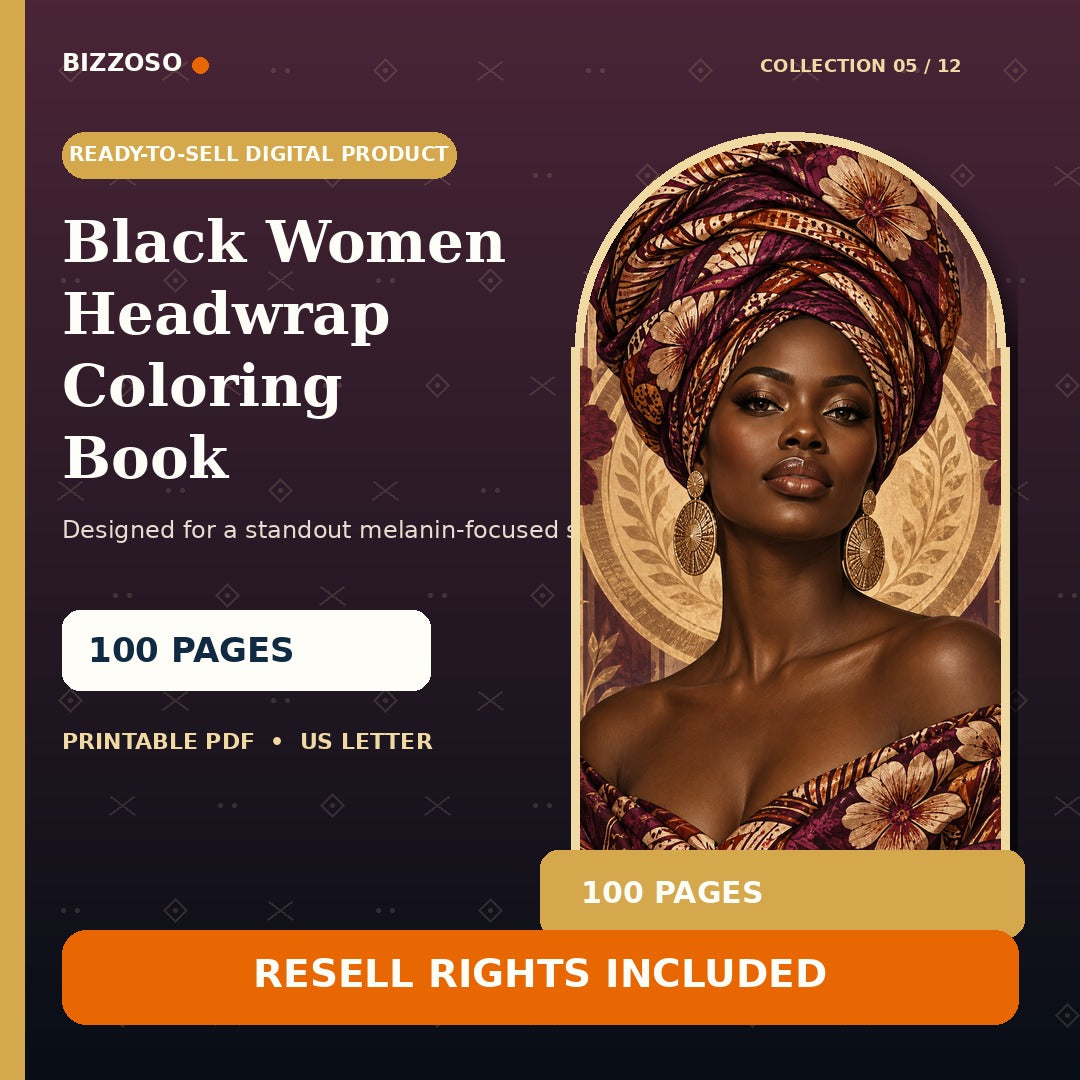 Black Women Headwrap Coloring Book with resell rights, premium Bizzoso product cover
