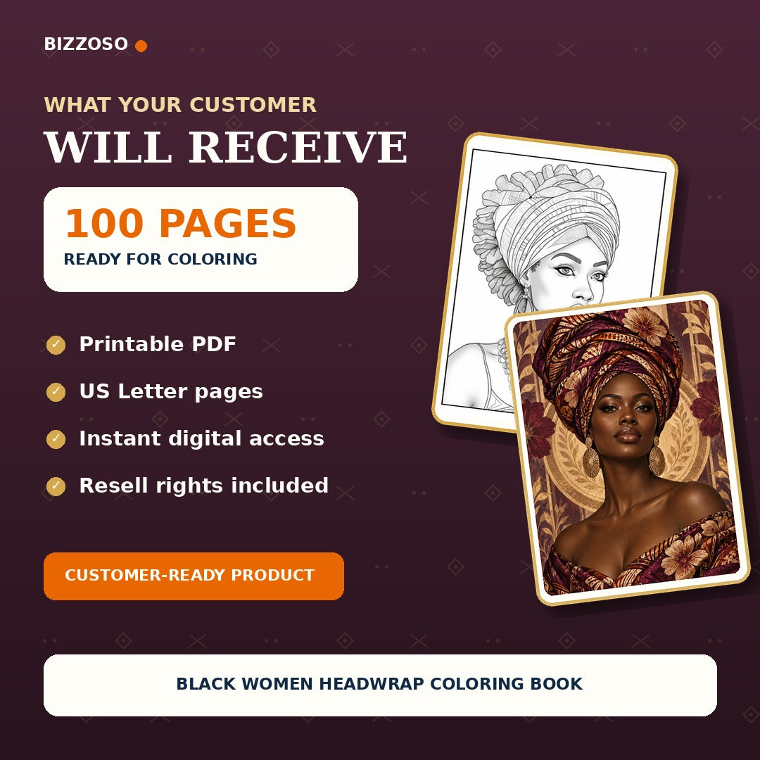 What customers receive inside Black Women Headwrap Coloring Book, printable pages and resell rights included
