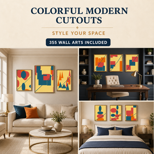 Colorful Modern Cutouts wall art styled in living room office and bedroom