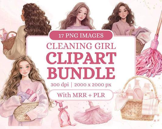 17 Cleaning Girl Clipart Bundle
