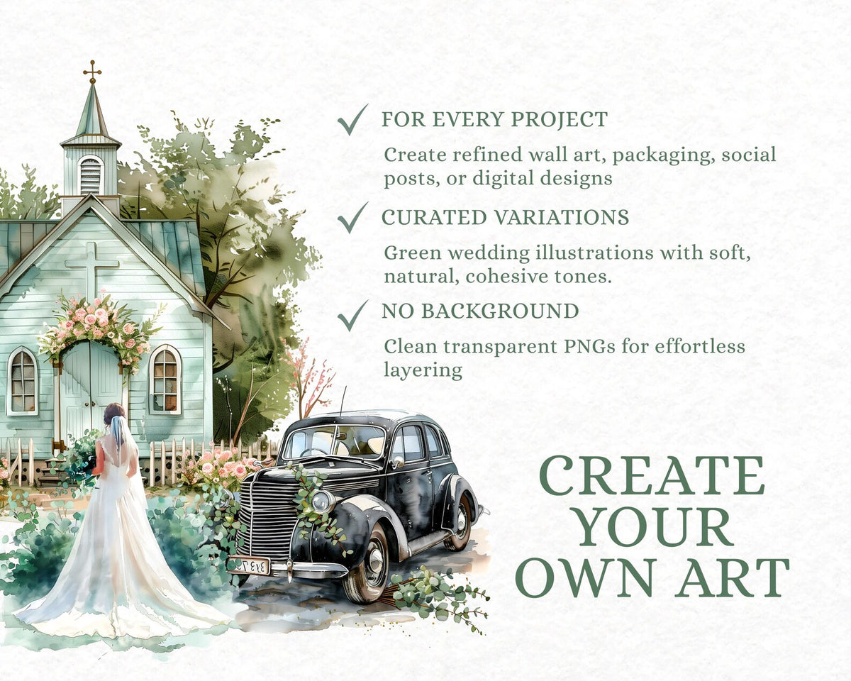 53 Green Wedding Clipart Bundle