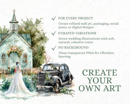 53 Green Wedding Clipart Bundle