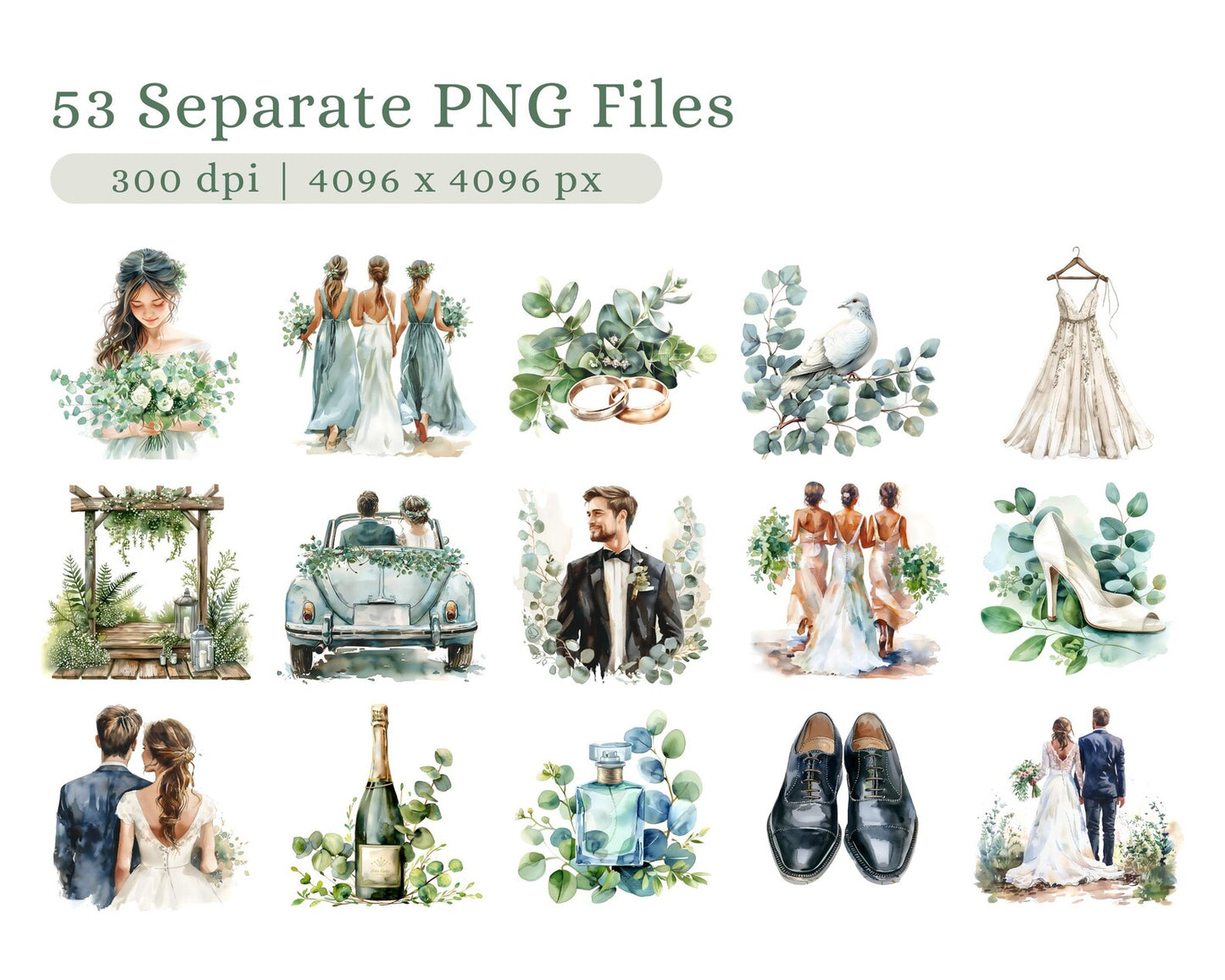53 Green Wedding Clipart Bundle