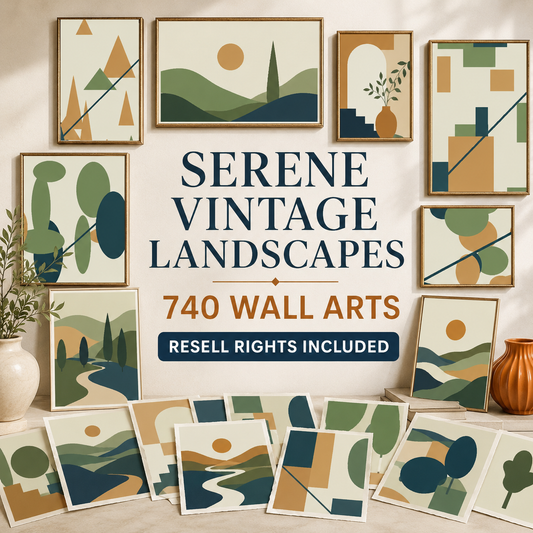 Serene Vintage Landscapes wall art collection overview with resell rights included