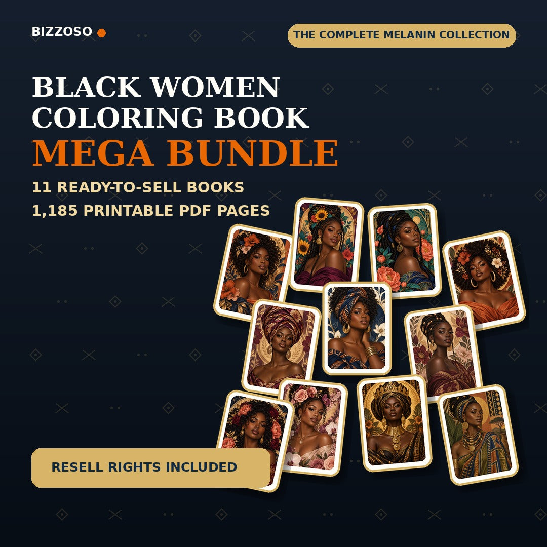 Black Women Coloring Book Mega Bundle with resell rights, premium Bizzoso product cover