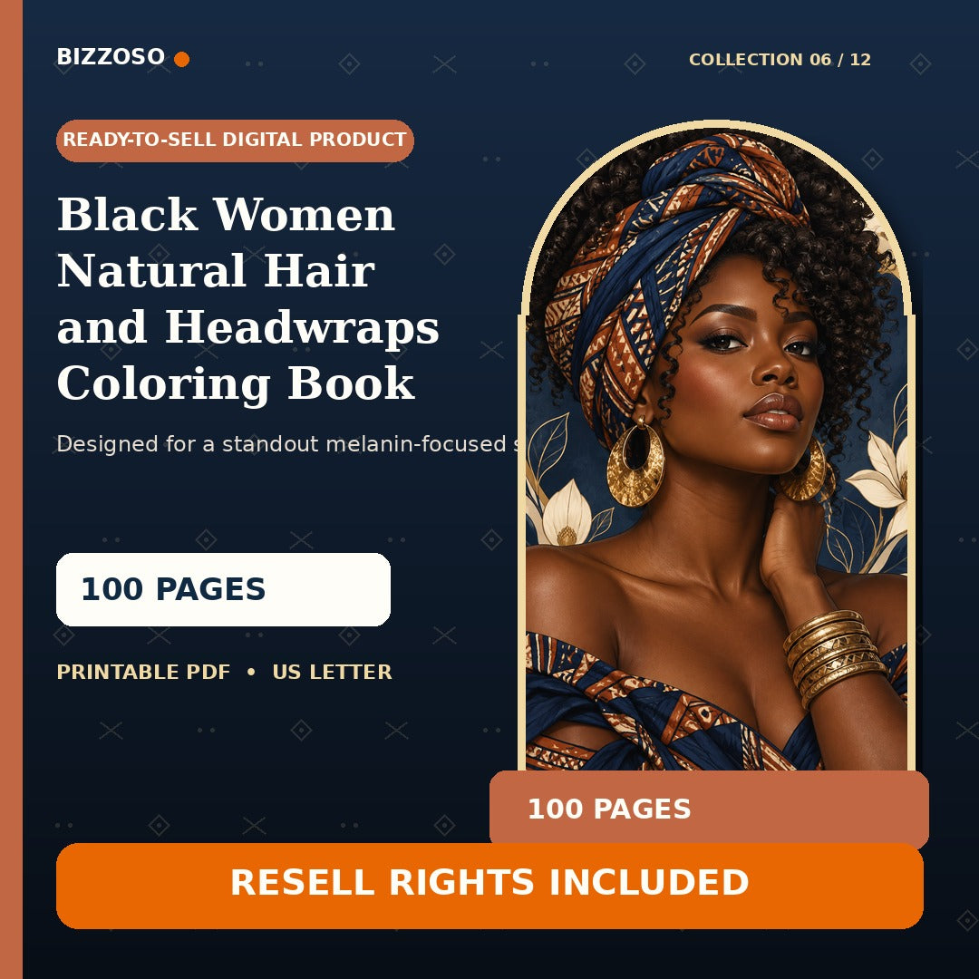 Black Women Natural Hair and Headwraps Coloring Book with resell rights, premium Bizzoso product cover