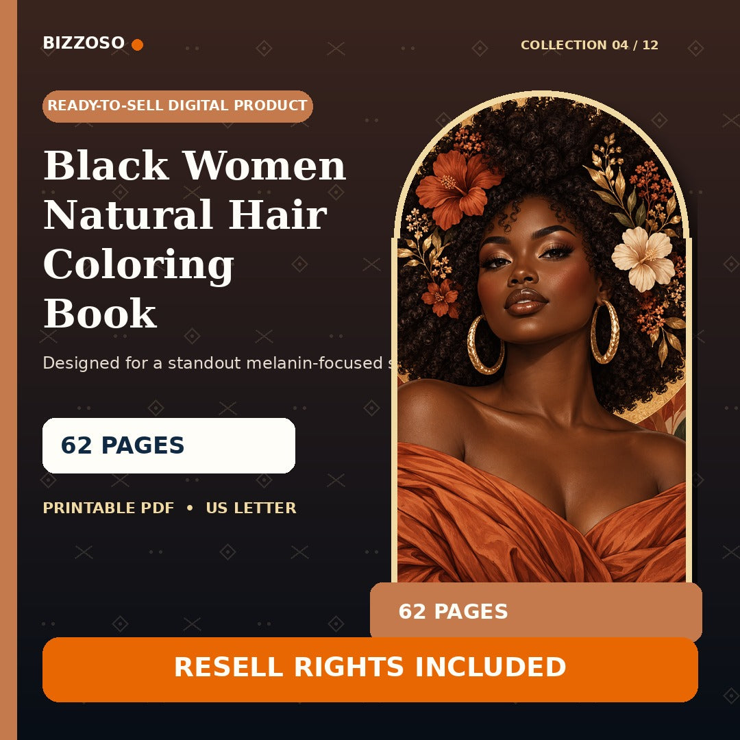 Black Women Natural Hair Coloring Book with resell rights, premium Bizzoso product cover