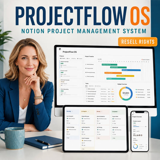 ProjectFlow OS Notion project management system with white female professional – resell rights