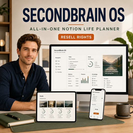 SecondBrain OS Notion life planner with white male professional – resell rights