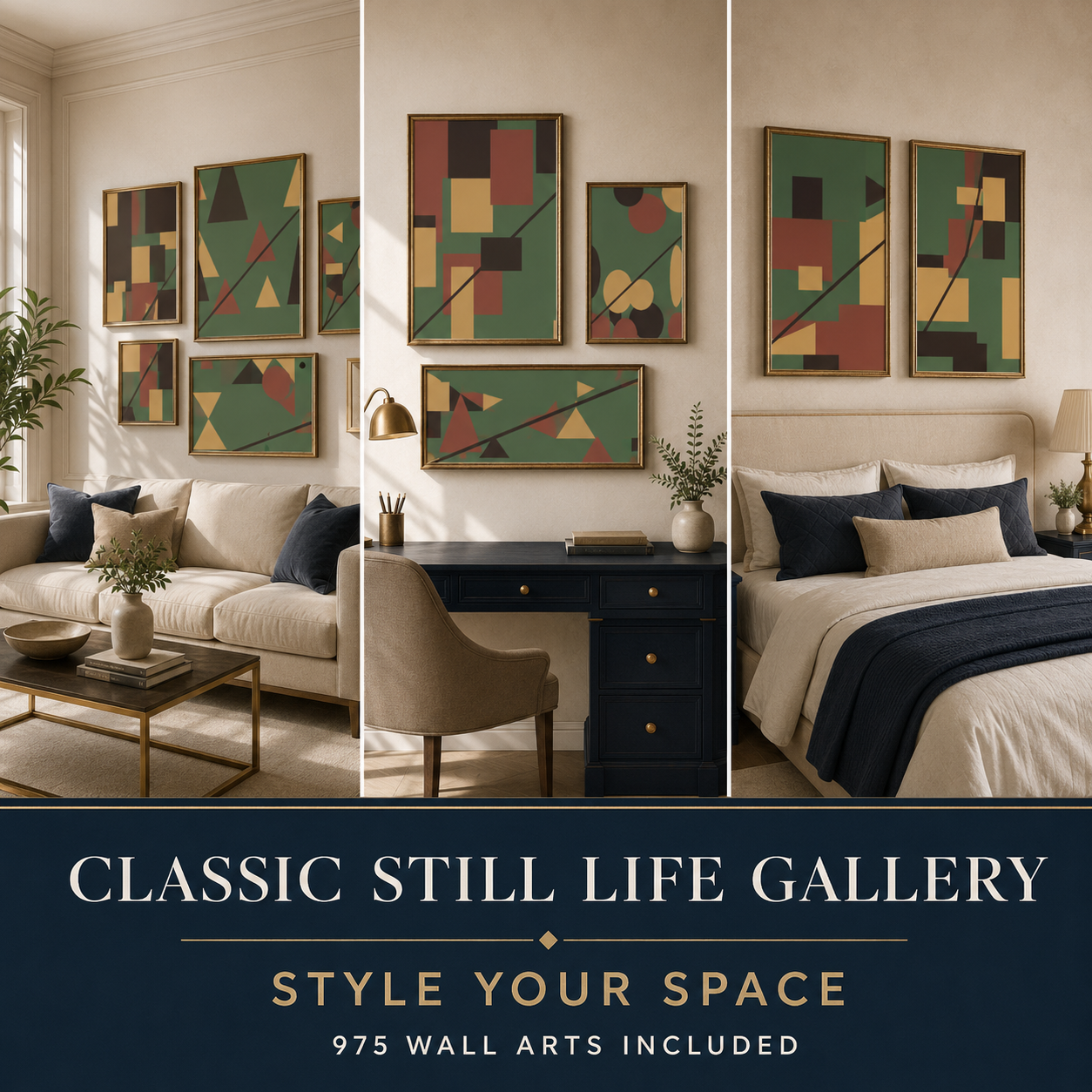 Classic Still Life Gallery wall art styled in living room office and bedroom
