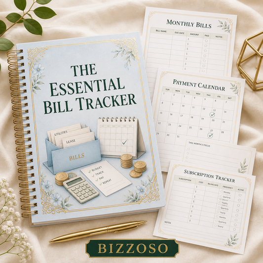 The Essential Bill Tracker digital planner cover by Bizzoso