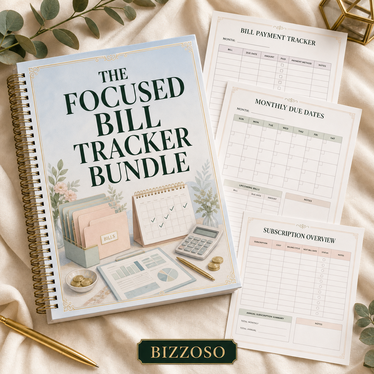 The Focused Bill Tracker Bundle digital planner cover by Bizzoso