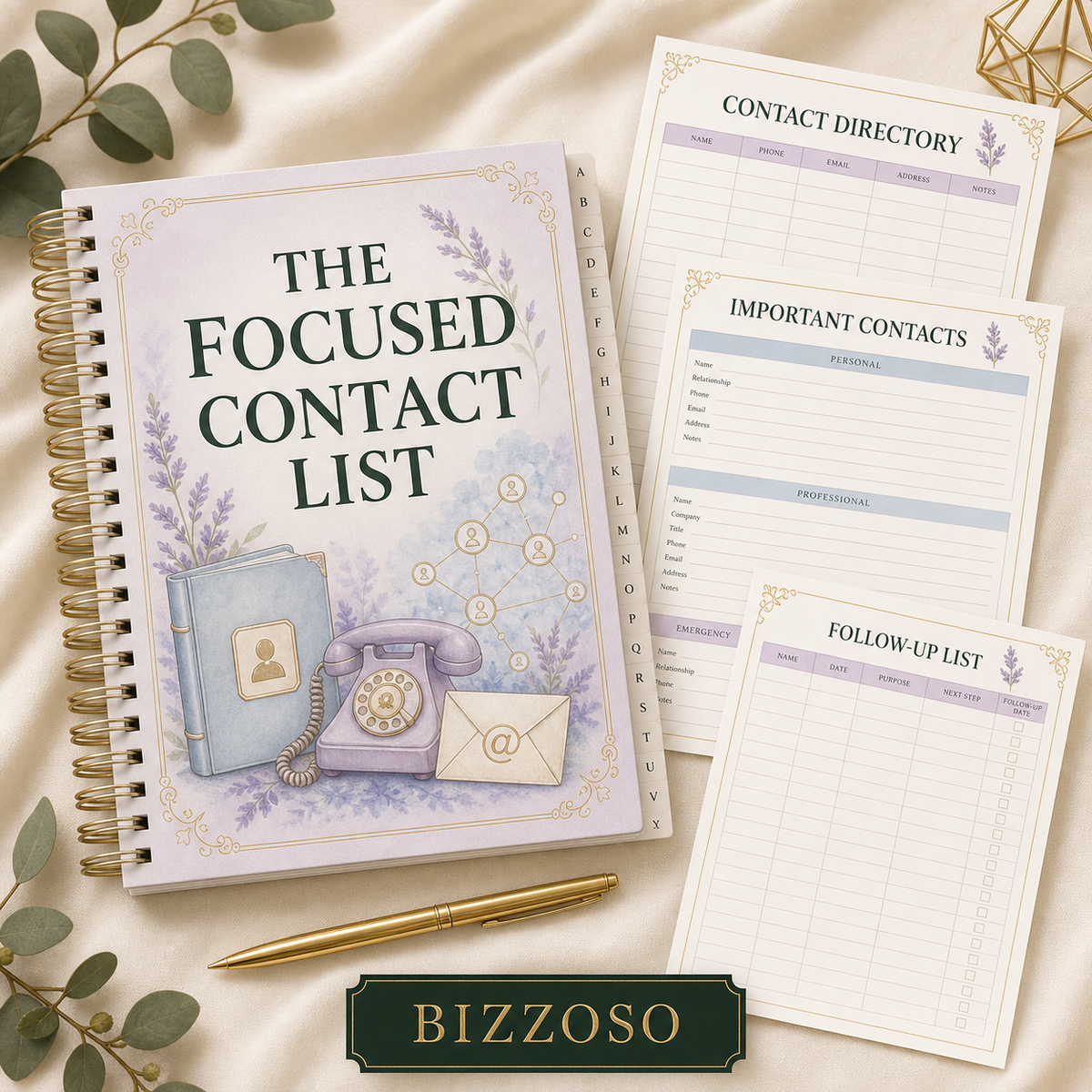The Focused Contact List digital planner cover by Bizzoso