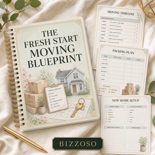 The Fresh Start Moving Blueprint digital planner cover by Bizzoso