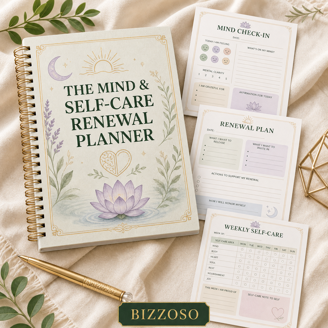 The Mind & Self-Care Renewal Planner digital planner cover by Bizzoso