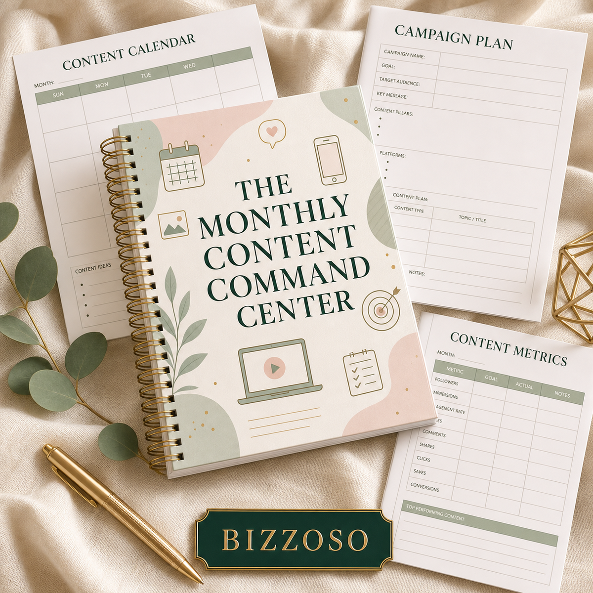 The Monthly Content Command Center digital planner cover by Bizzoso