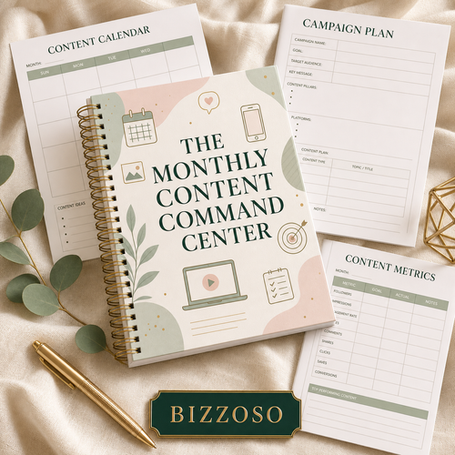 The Monthly Content Command Center digital planner cover by Bizzoso