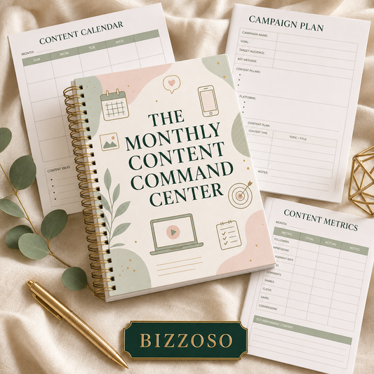 The Monthly Content Command Center digital planner cover by Bizzoso
