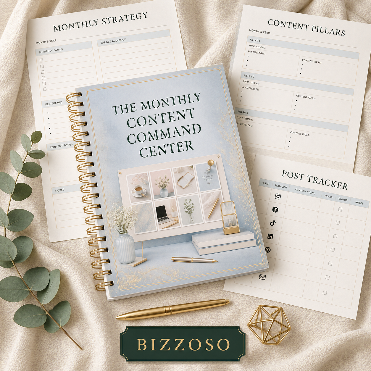 The Monthly Content Command Center digital planner cover by Bizzoso