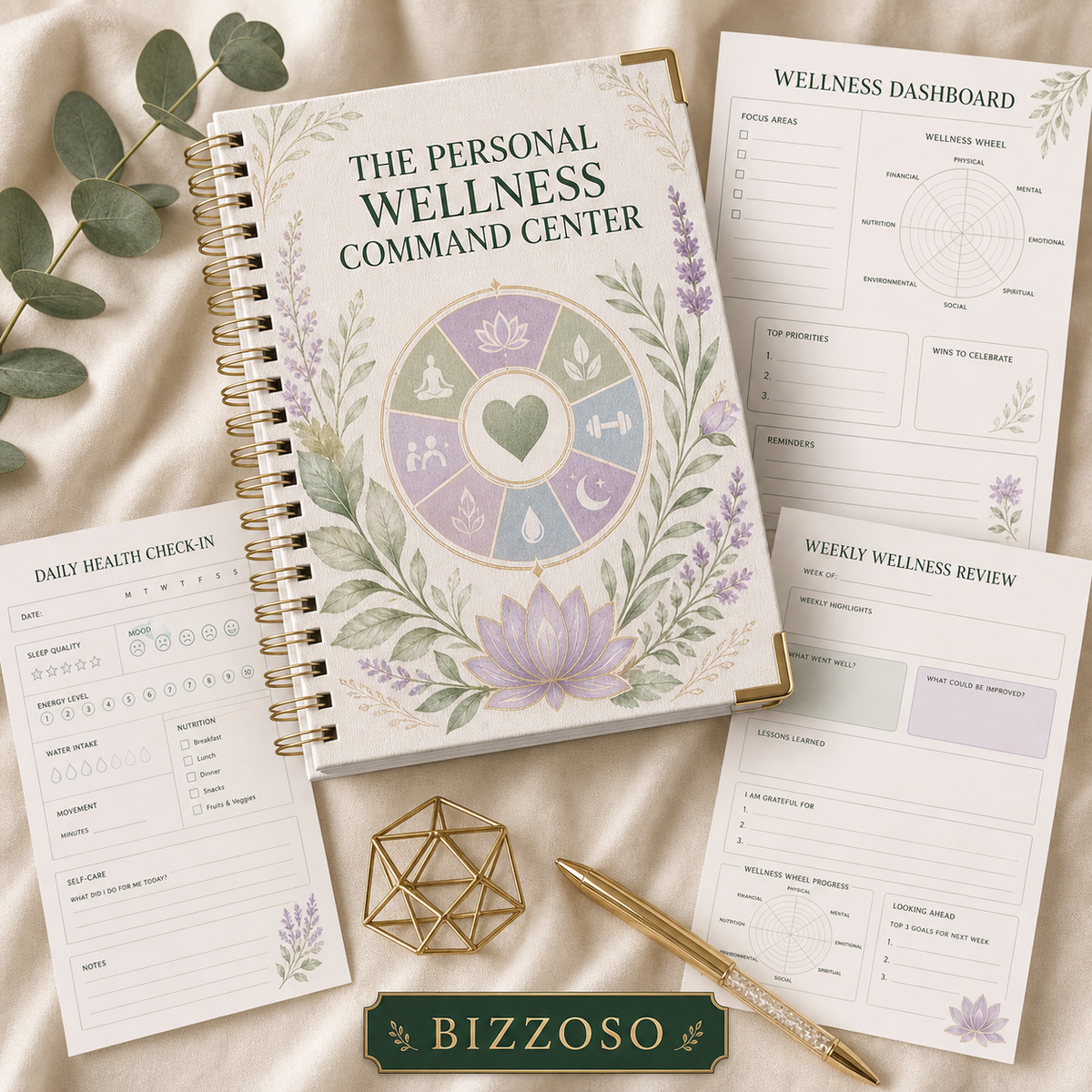 The Personal Wellness Command Center digital planner cover by Bizzoso