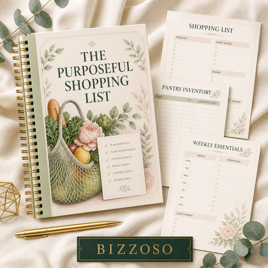 The Purposeful Shopping List digital planner cover by Bizzoso