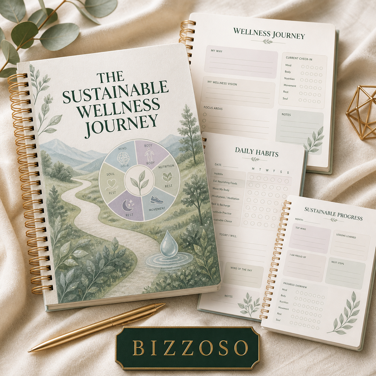 The Sustainable Wellness Journey digital planner cover by Bizzoso