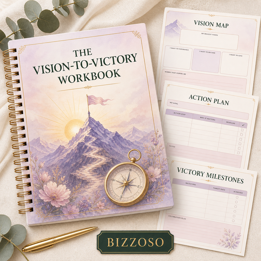 The Vision-to-Victory Workbook digital planner cover by Bizzoso