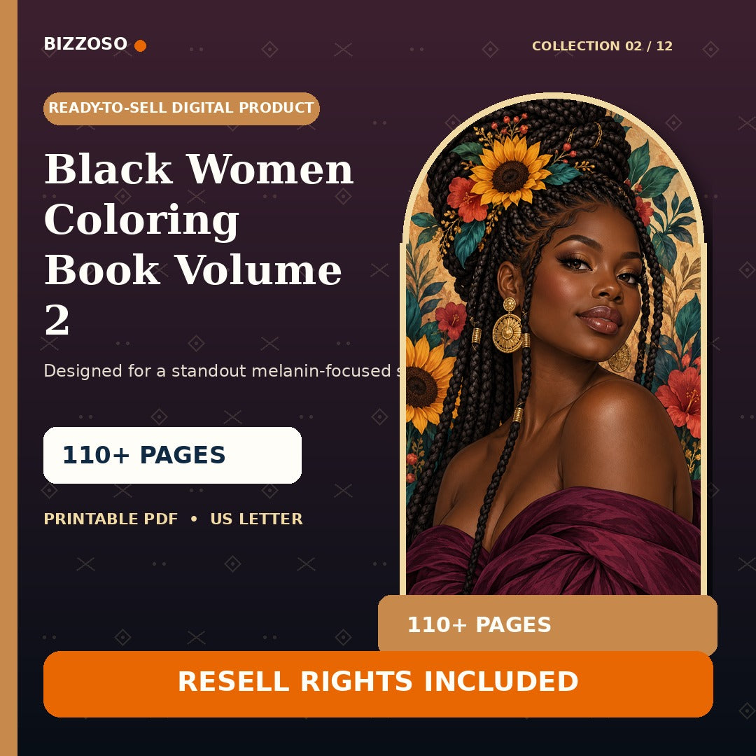 Black Women Coloring Book Volume 2 with resell rights, premium Bizzoso product cover