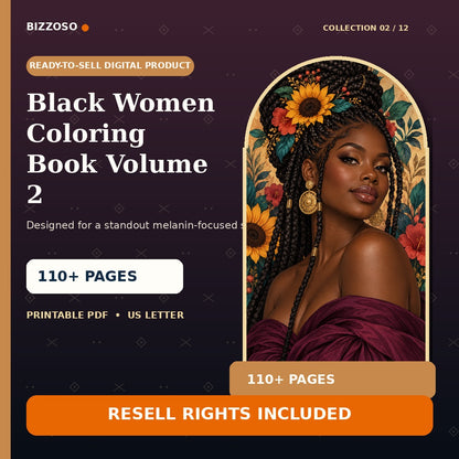 Black Women Coloring Book Volume 2 with resell rights, premium Bizzoso product cover