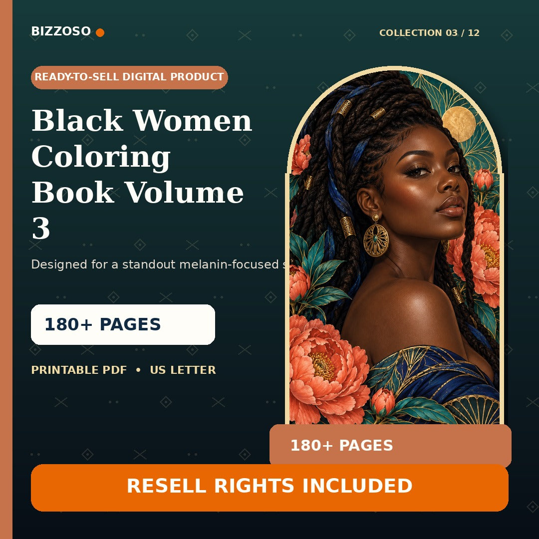 Black Women Coloring Book Volume 3 with resell rights, premium Bizzoso product cover
