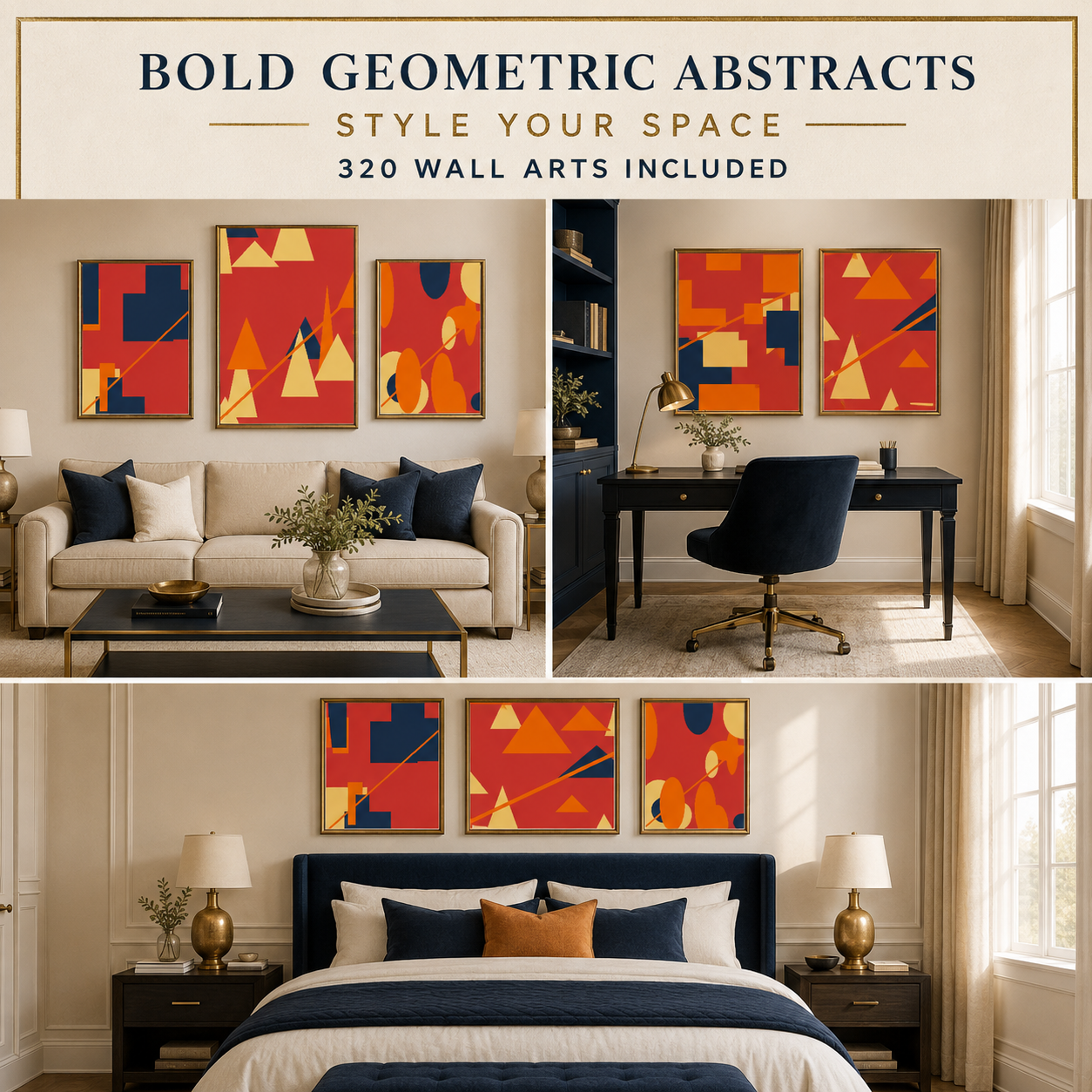 Bold Geometric Abstracts wall art styled in living room office and bedroom