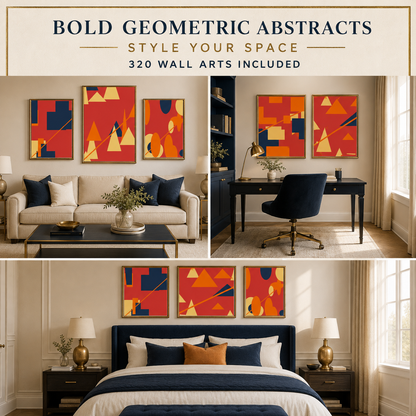 Bold Geometric Abstracts wall art styled in living room office and bedroom