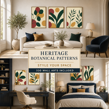 Heritage Botanical Patterns wall art styled in living room office and bedroom
